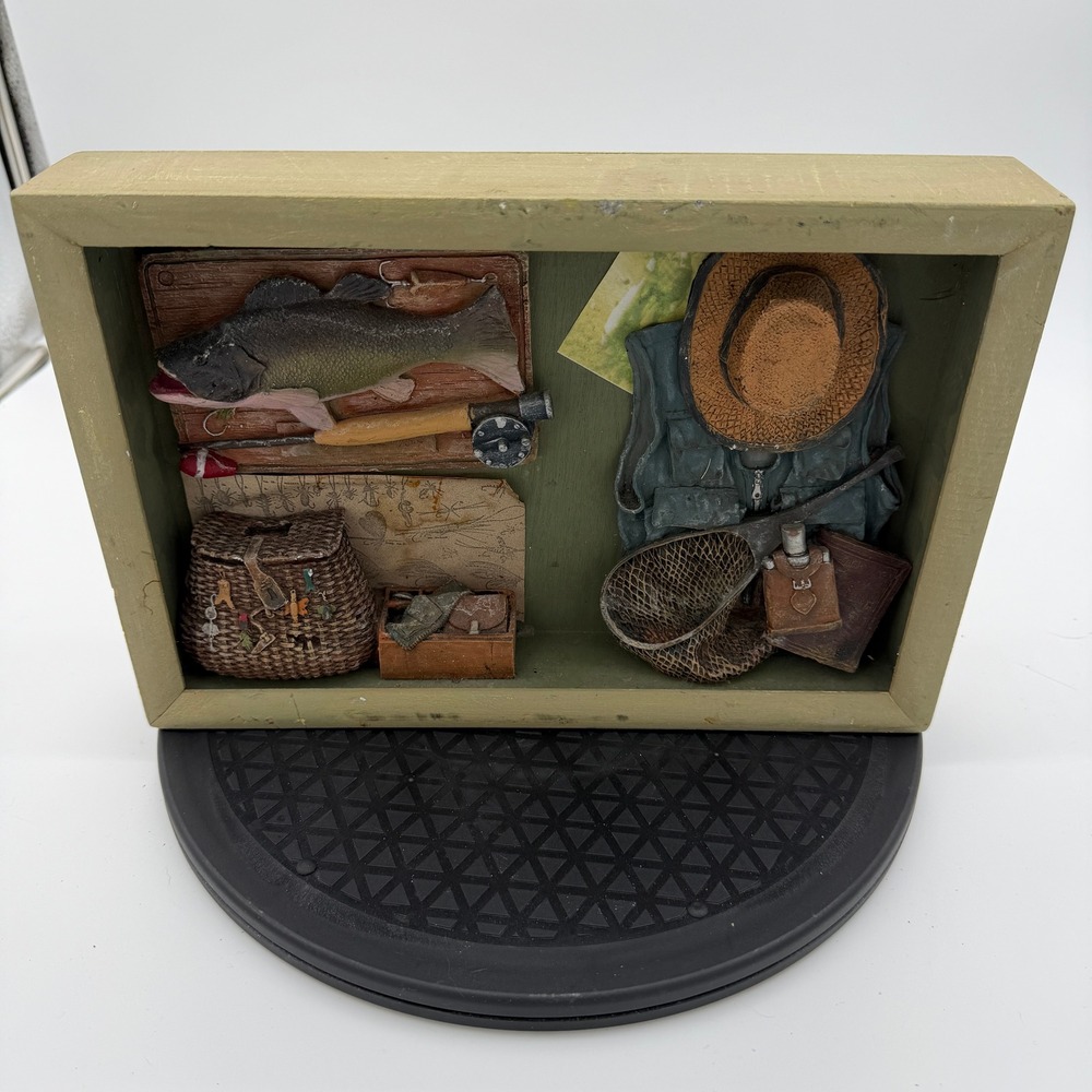 Vintage 3D Fishing Shadow Box Wall Art Bass Rod Reel Creel Cabin Lodge Decor